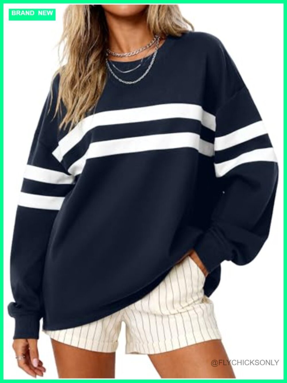 Oversized Striped Crewneck Sweatshirt Pullover Relaxed Fit